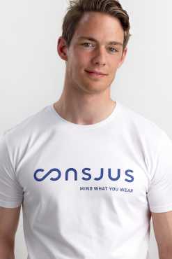 økologisk bomuld T-shirt til herre i farven hvid med consjus logo print i farven blå
